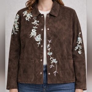 Avanti~Women Suede Leather Quilted Evening Jacket~Floral Embroidery~Brown~2X